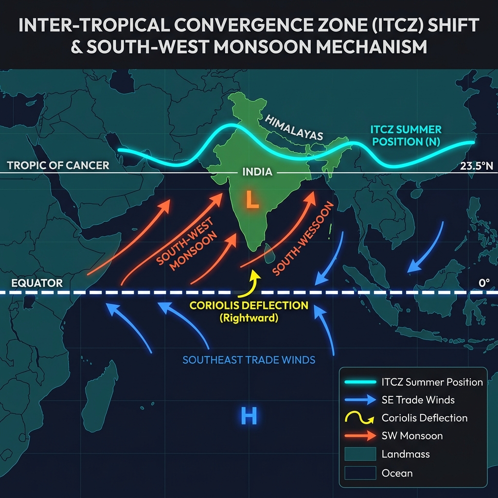 ITCZ Shift & Coriolis Deflection Diagram